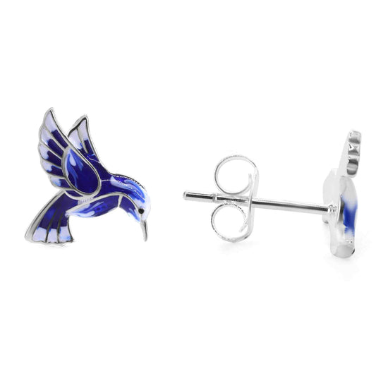Aros de Plata Colibrí Esmaltado Azul Eléctrico