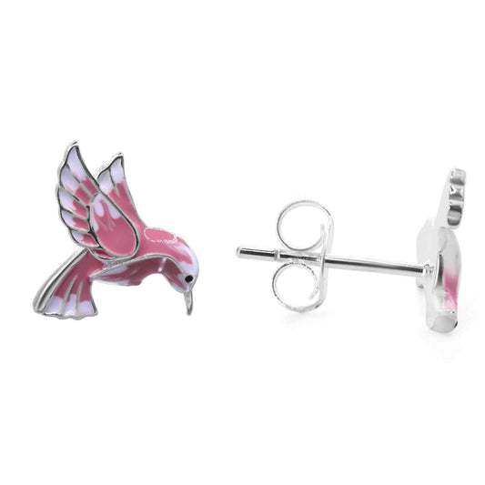 Aros de Plata Colibrí Esmaltado Rosa