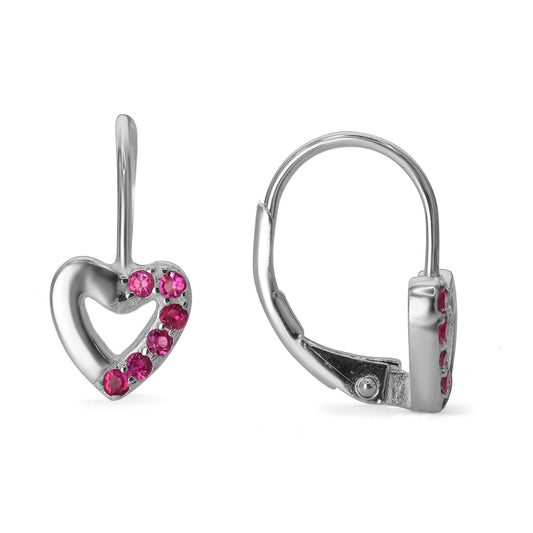 Aros de Plata 925 Corazón con Circones Magenta con Gancho Clip