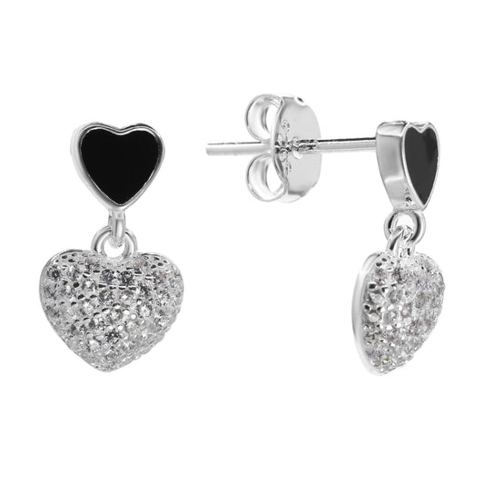 Aros de Plata 925 Corazón Esmaltado en Negro y Colgantes con Circón