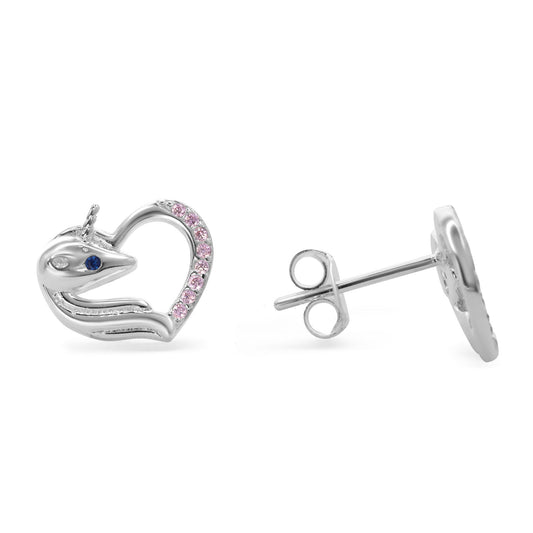 Aros de Plata 925 Corazón Unicornio con Circones Rosas