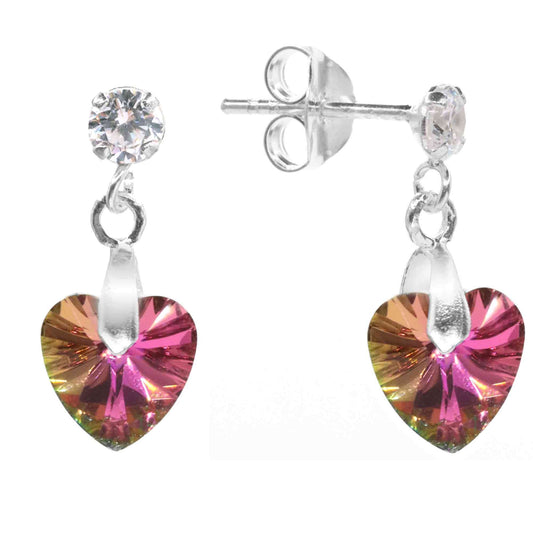 Aros de Plata 925 Cristales Corazón Color Magenta