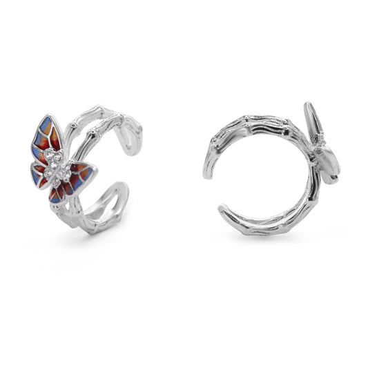 Aros de Plata 925 Cuff con Diseño Mariposa Esmaltada de Colores y Aplicación de Circones