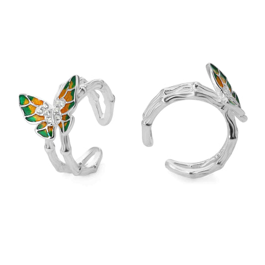 Aros de Plata 925 Cuff Mariposas Esmaltadas con Centro de Circones