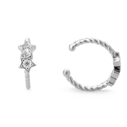Aros de Plata 925 Cuff Semi Trenzado Doble Estrella con Circones