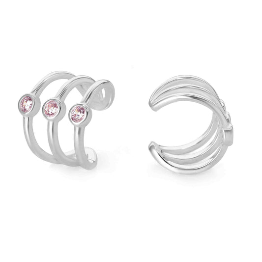 Aros de Plata 925 Cuff Triple Banda con Circones Rosa