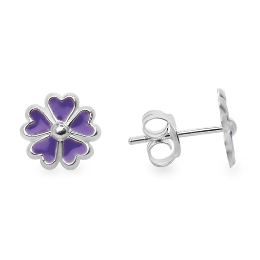 Aros de Plata Delicadas Flores Esmaltadas Color Lavanda