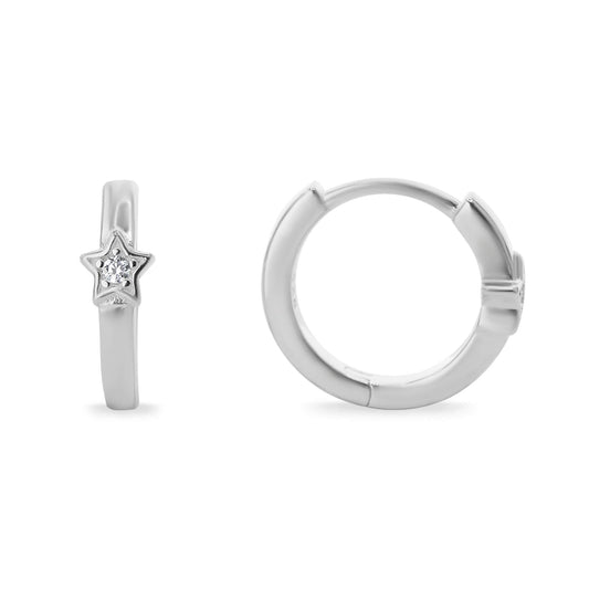 Aros de Plata 925 Diseño Argolla con Estrella de Circón con Broche Huggies
