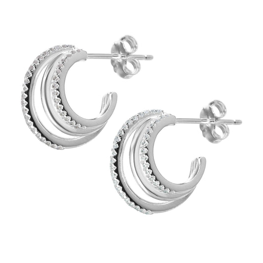 Aros de Plata 925 Diseño Argolla Semi Circular Triple Banda con Circón y Lisa