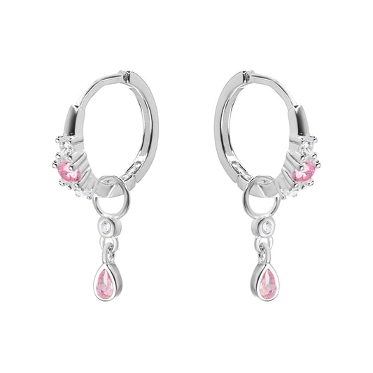 Aros de Plata - Argollas con Serie de Circones y Gota Colgante de Circón