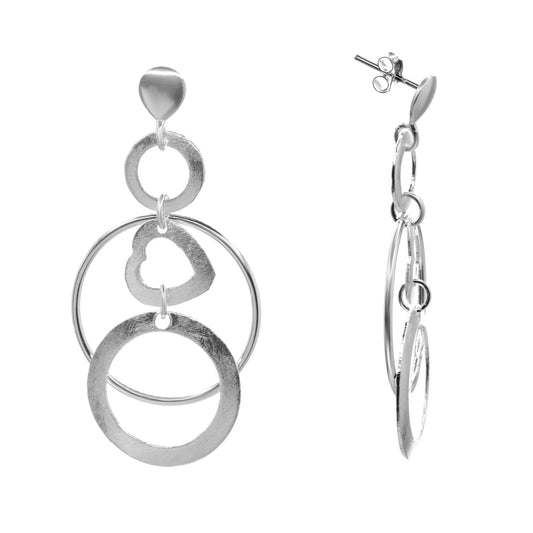 Aros de Plata 925 Diseño Argollas Lisas y Satinadas con Corazón en Caída