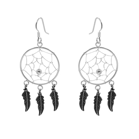 Aros de Plata 925 Diseño Atrapa Sueños con Tres Plumas Envejecidas