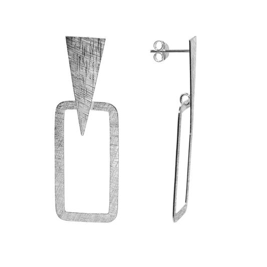 Aros de Plata 925 Diseño Base Triangular y Marco Rectangular Satinado