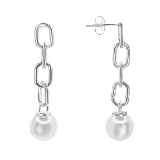 Aros de Plata 925 Diseño Cadena con Colgante Perla Imitación