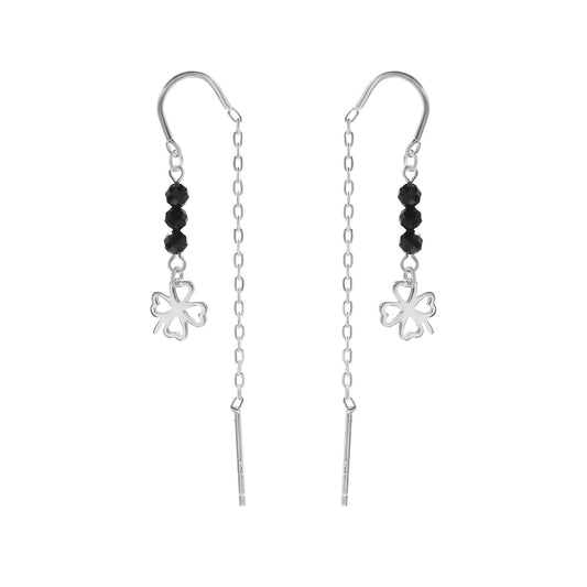Aros de Plata 925 Diseño Cadena con Serie de Cristales Negros y Trébol
