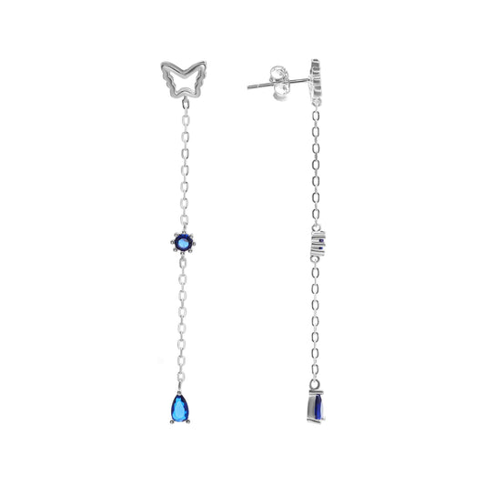 Aros de Plata 925 Diseño Cadena Mariposa Lisa con Circones Azules