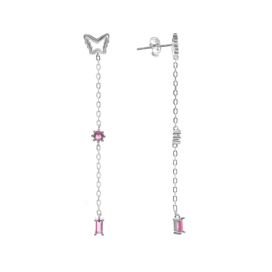 Aros de Plata 925 Diseño Cadena Mariposa Lisa con Figuras de Circones Rosados