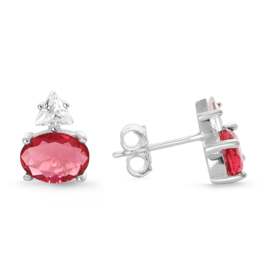 Aros de Plata 925 Diseño Circón Triangular con Circón Ovalado Color Rubí