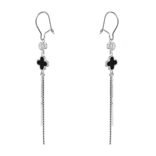 Aros de Plata 925 Diseño Circón y Trébol Negro con Cadenas estilo Veneciana