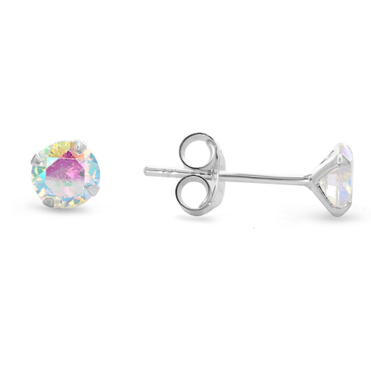 Aros de Plata 925 Diseño Clásico con Circón Tornasol 5 mm