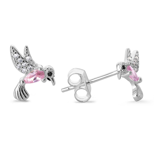 Aros de Plata 925 Diseño Colibrí Circón Rosado