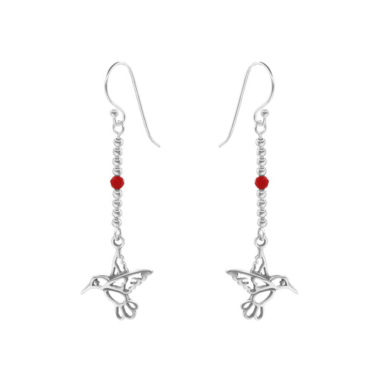 Aros de Plata 925 Diseño Colibrí con Esferas Lisas y Pequeño Cristal rojo