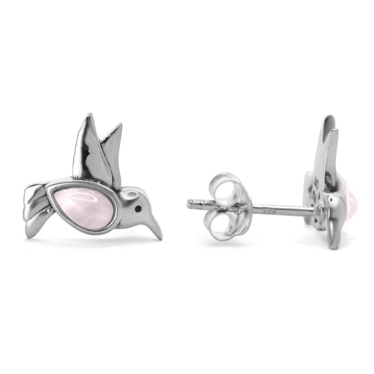 Aros de Plata 925 Diseño Colibrí con Piedra de Cuarzo Rosa
