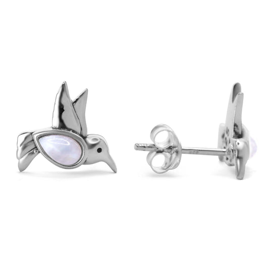 Aros de Plata 925 Diseño Colibrí con Piedra Luna
