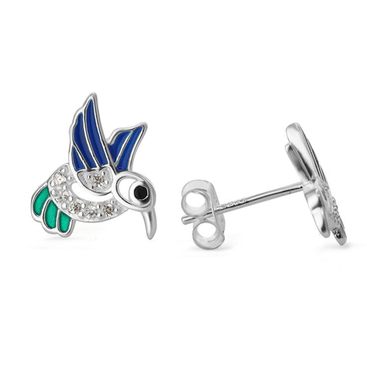 Aros de Plata 925 Diseño Colibrí Esmaltado con Circones