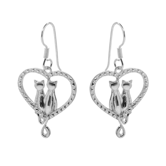 Aros de Plata 925 Diseño Corazón con Pareja de Gatos