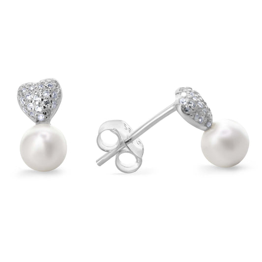 Aros de Plata 925 Diseño Corazón de Circones con Perla Imitación