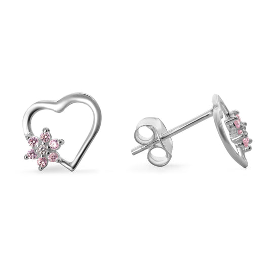 Aros de Plata 925 Diseño Corazón y Flor con Circones Rosas