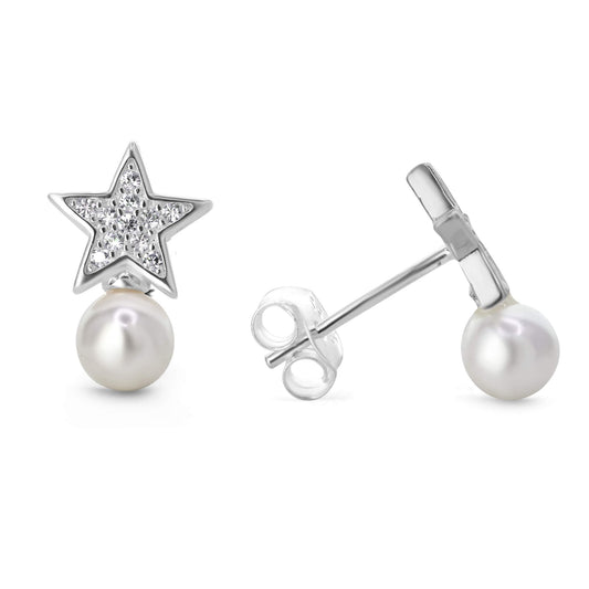 Aros de Plata 925 Diseño Estrella con Circones y Perla Imitación