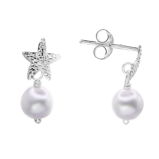 Aros de Plata 925 Diseño Estrella de Mar con Perla de Imitación