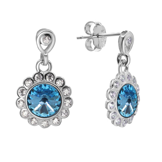 Aros de Plata 925 Diseño Flor con Cristal Celeste Swarovski Elements