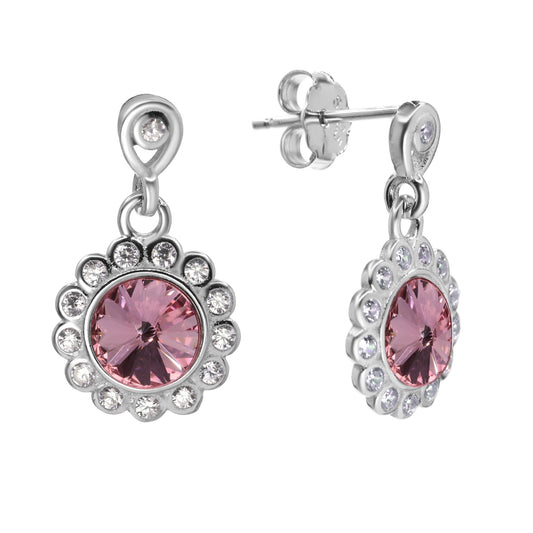 Aros de Plata 925 Diseño Flor con Cristal Rosa Swarovski Elements