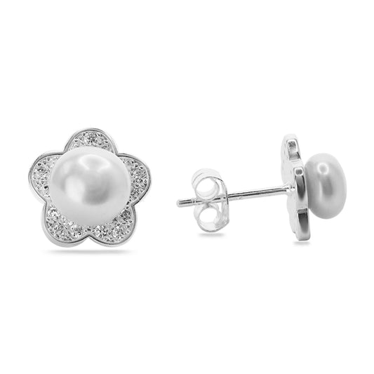Aros de Plata 925 Diseño Flor con Perla y Circones