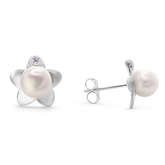 Aros de Plata 925 Diseño Flor con Pétalo de Circones y Perla Original