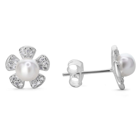 Aros de Plata 925 Diseño Flor de Circones con Perla Imitación