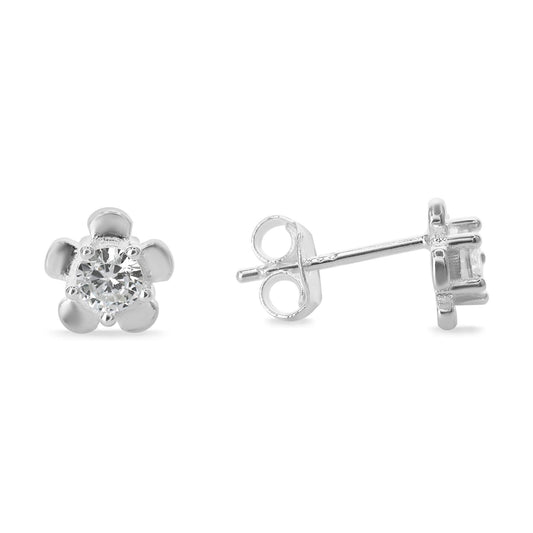 Aros de Plata 925 Diseño Flor de Petalos Lisos con Circón