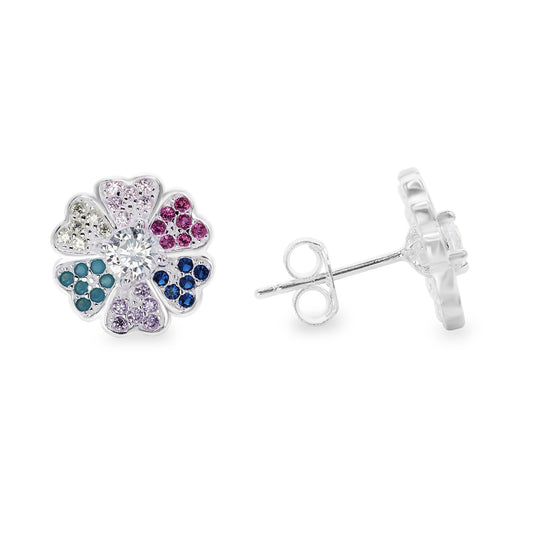 Aros de Plata 925 Diseño Flor Pétalos con Circones de Colores