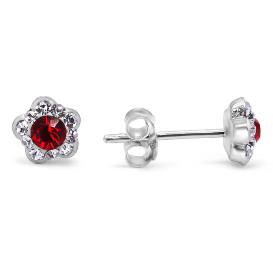 Aros de Plata 925 Diseño Flor Strass Rojo