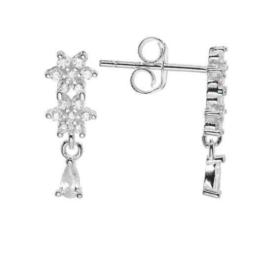 Aros de Plata 925 Diseño Flores con Gota de Circón