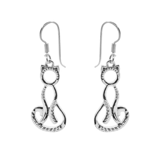 Aros de Plata 925 Diseño Gato Calado con Relieves