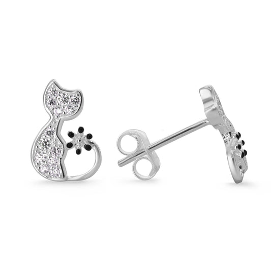 Aros de Plata 925 Diseño Gato de Circones con Pequeña Flor