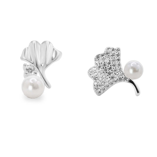 Aros de Plata 925 Diseño Hojas de Circones con Pequeña Perla