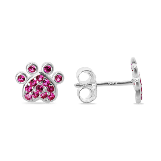 Aros de Plata 925 Diseño Huella con Circones Magenta