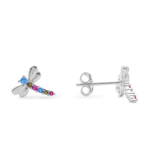 Aros de Plata 925 Diseño Libélula con Circones de Colores