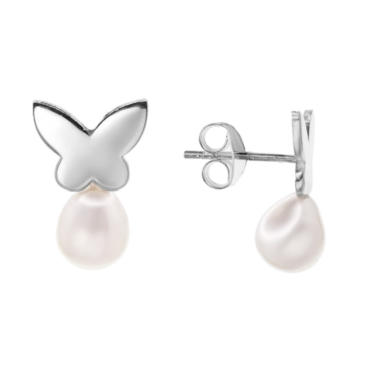 Aros de Plata 925 Diseño Mariposa con Perla