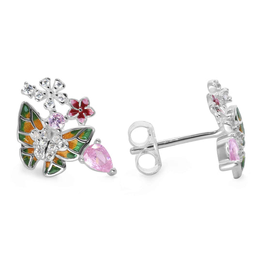 Aros de Plata 925 Diseño Mariposas y Flores Esmaltadas con Circones